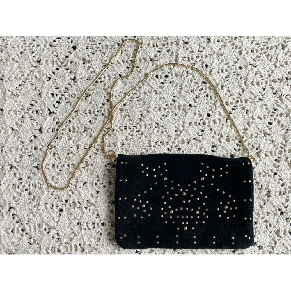 Free People Kingston Crossbody‎ Bag Black Suede Gold Studded Clutch Boho Glam